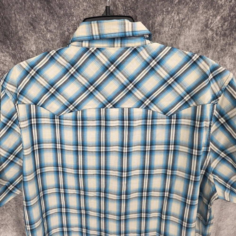 True Religion Western Shirt Mens XL Blue Plaid Pearl Snap Cowboy Rodeo Sawtooth*